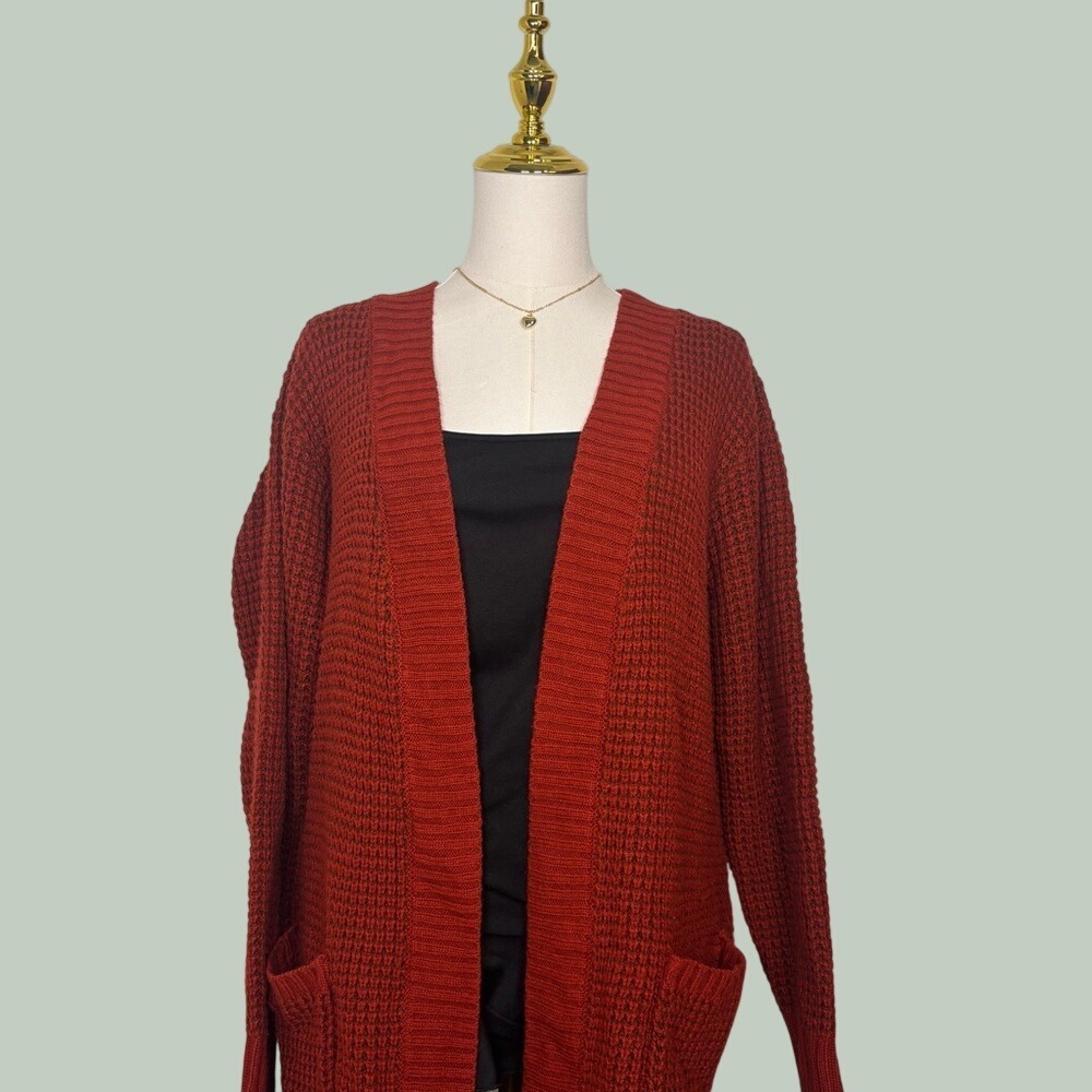 faded‎ glory red knit long cardigan w pockets open front cozy cottagecore office